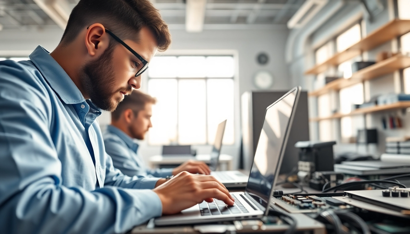 Providing reliable computer service with skilled technicians in a modern workspace.