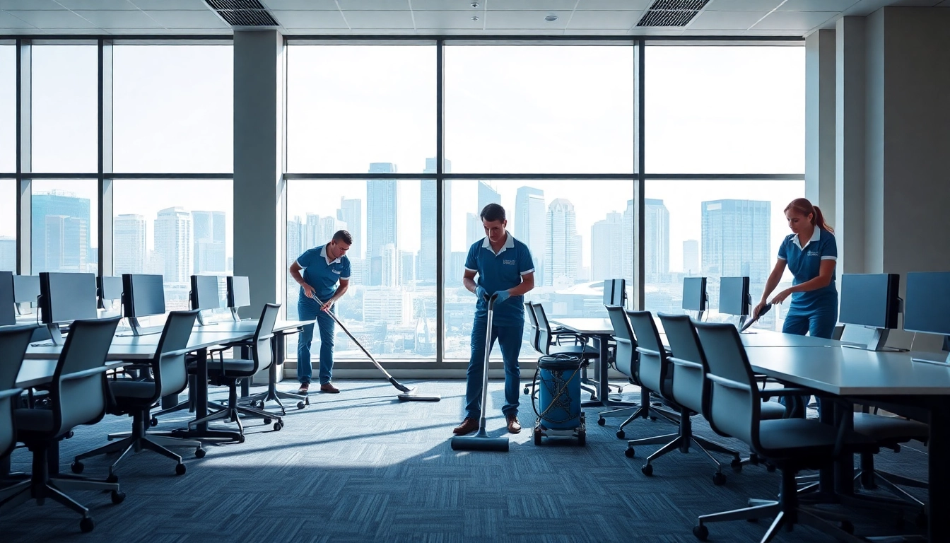 Efficient office cleaning services Melbourne team at work in a bright, professional office environment.