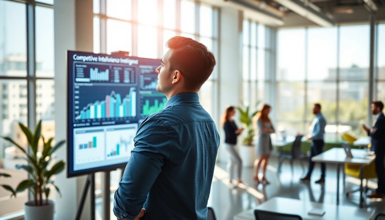 Analyze competitive intelligence metrics in a modern office with vibrant colors.
