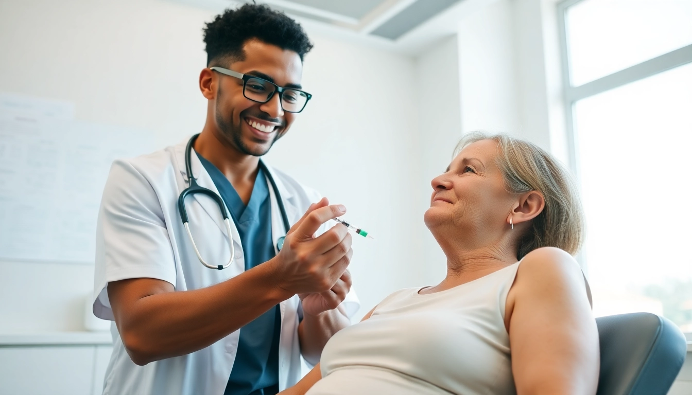 Administering an Injectable Weight Loss treatment showcases a supportive healthcare provider assisting a hopeful patient.