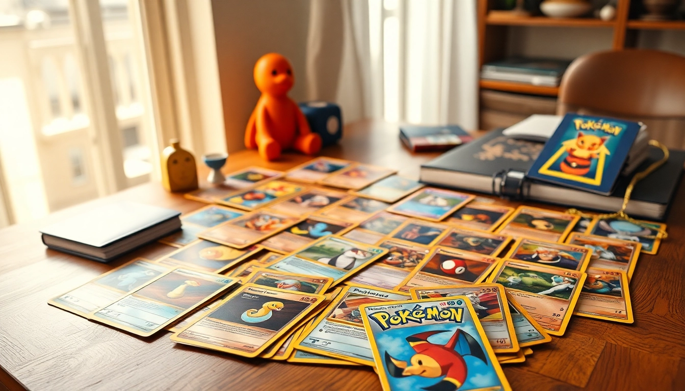 Examine real Pokemon cards showcased beautifully on a wooden table, highlighting their unique designs.