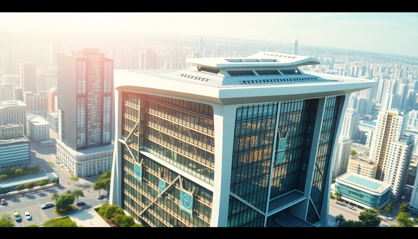 Architekturvisualisierung eines futuristischen Gebäudes in urbaner Umgebung mit realistischer Detailtreue.