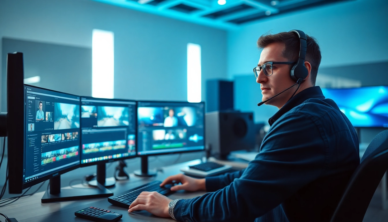 Editing & Post-Production scene featuring a video editor immersed in software on multiple screens.