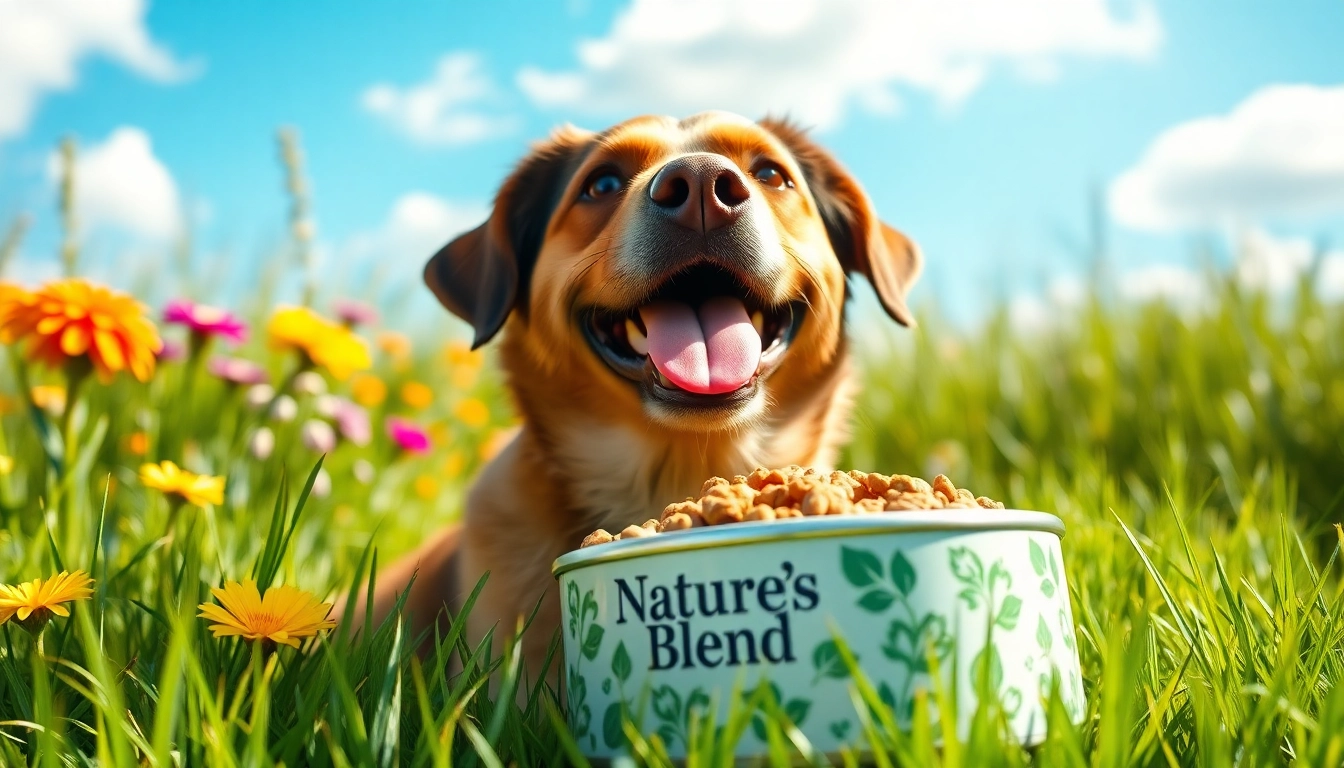 Happy dog feasting on nature's blend dog food canada in a colorful garden.