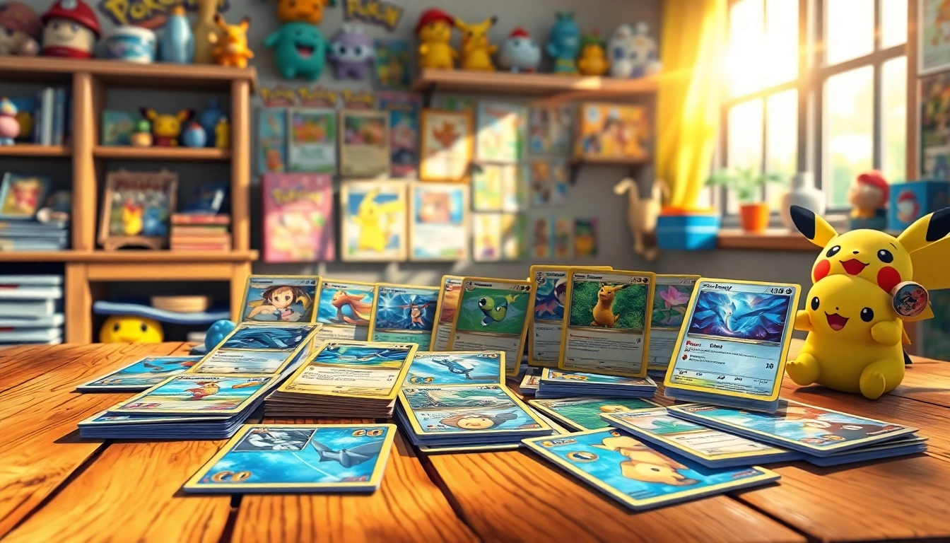 Showcasing real Pokémon cards arranged artistically on a wooden table, inviting collectors to explore.