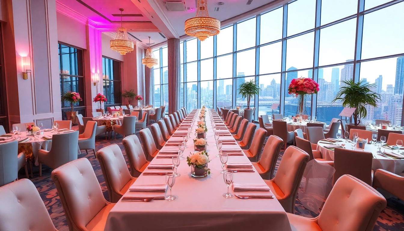 Book a stunning event space with elegant decor and a vibrant city view.