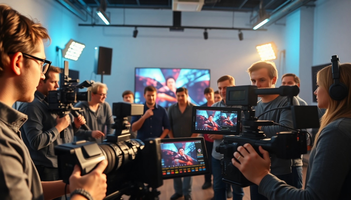 Creating dynamic content through video production edmonton in a vibrant studio environment.