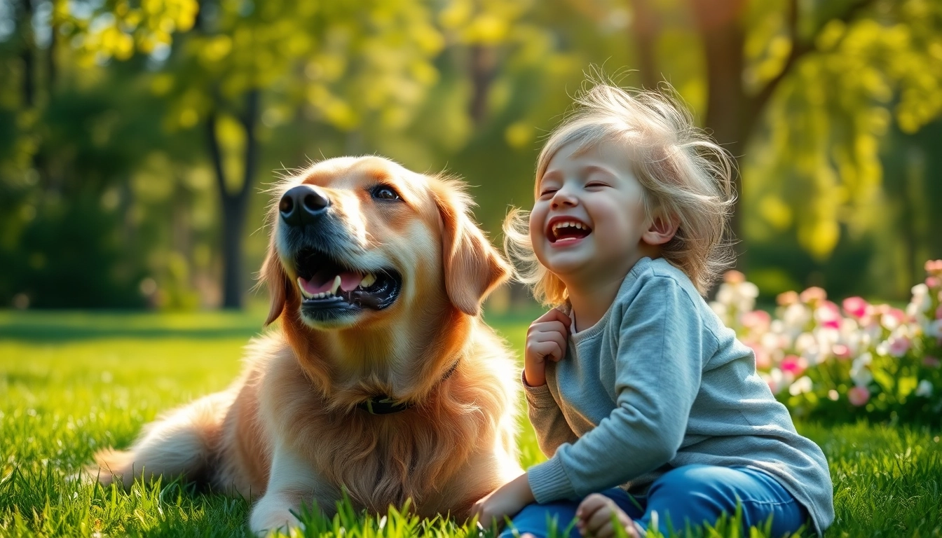Autism dogs providing companionship to a child in a sunny park, showcasing joy and support.