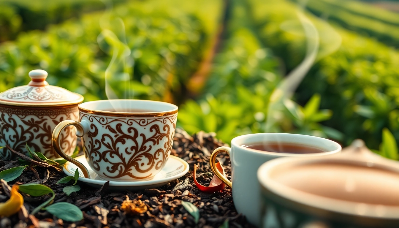 Sip single origin tea from beautifully crafted cups, surrounded by lush tea leaves.