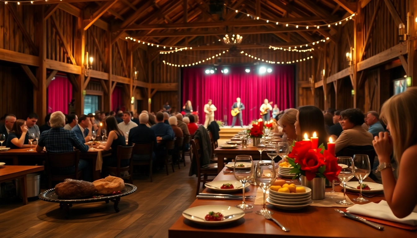Enjoying a lively show at a barn dinner theater featuring buffet dining and rustic charm.