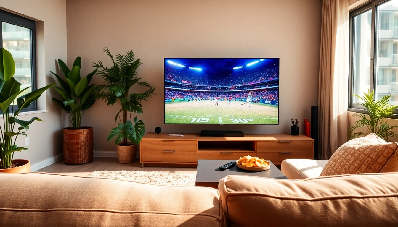 Comprar IPTV - Moderno setup de streaming IPTV en una sala de estar con tecnología avanzada.