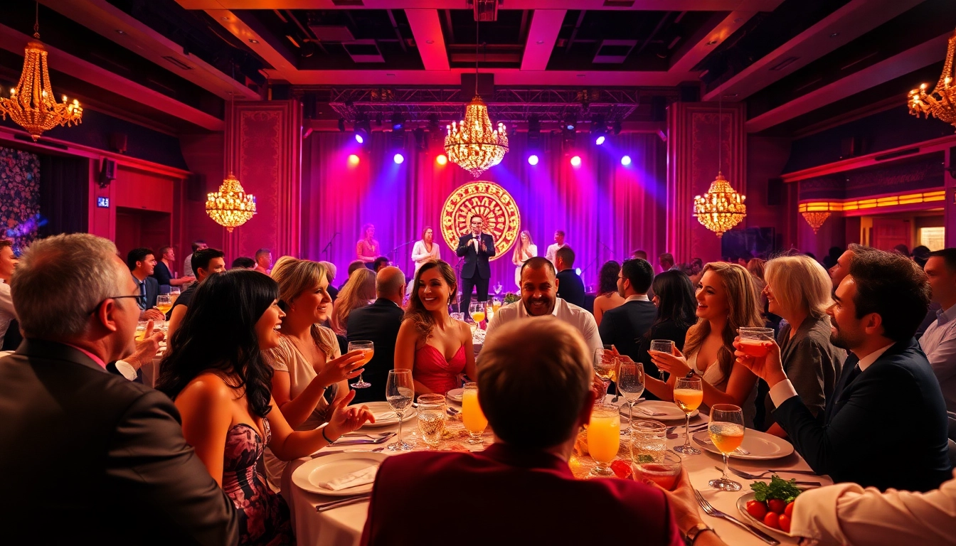 Diverse guests enjoying dinner shows vegas with performers on stage and elegant dining