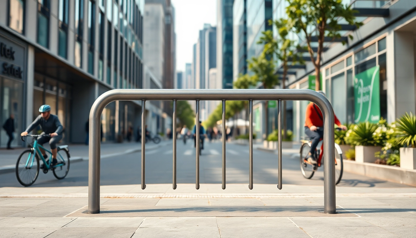 Install a Minimalist bike rack in an urban environment, showcasing its sleek modern design.