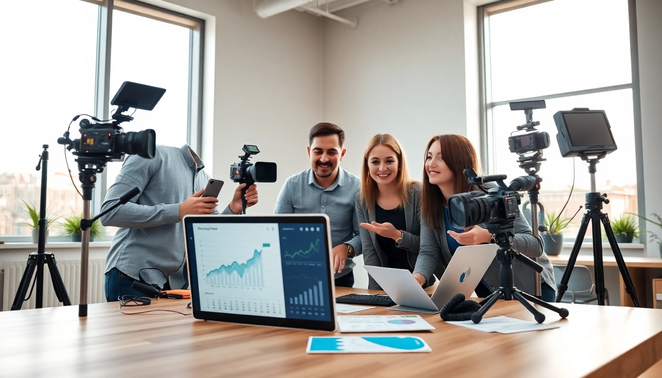 Engaging financial services video production team collaborating in a modern setting