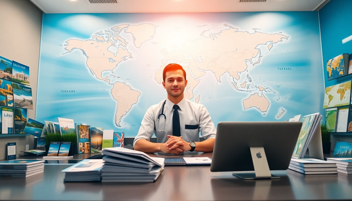 Travel agent assisting customers with air tickets at a sleek and inviting office setup.