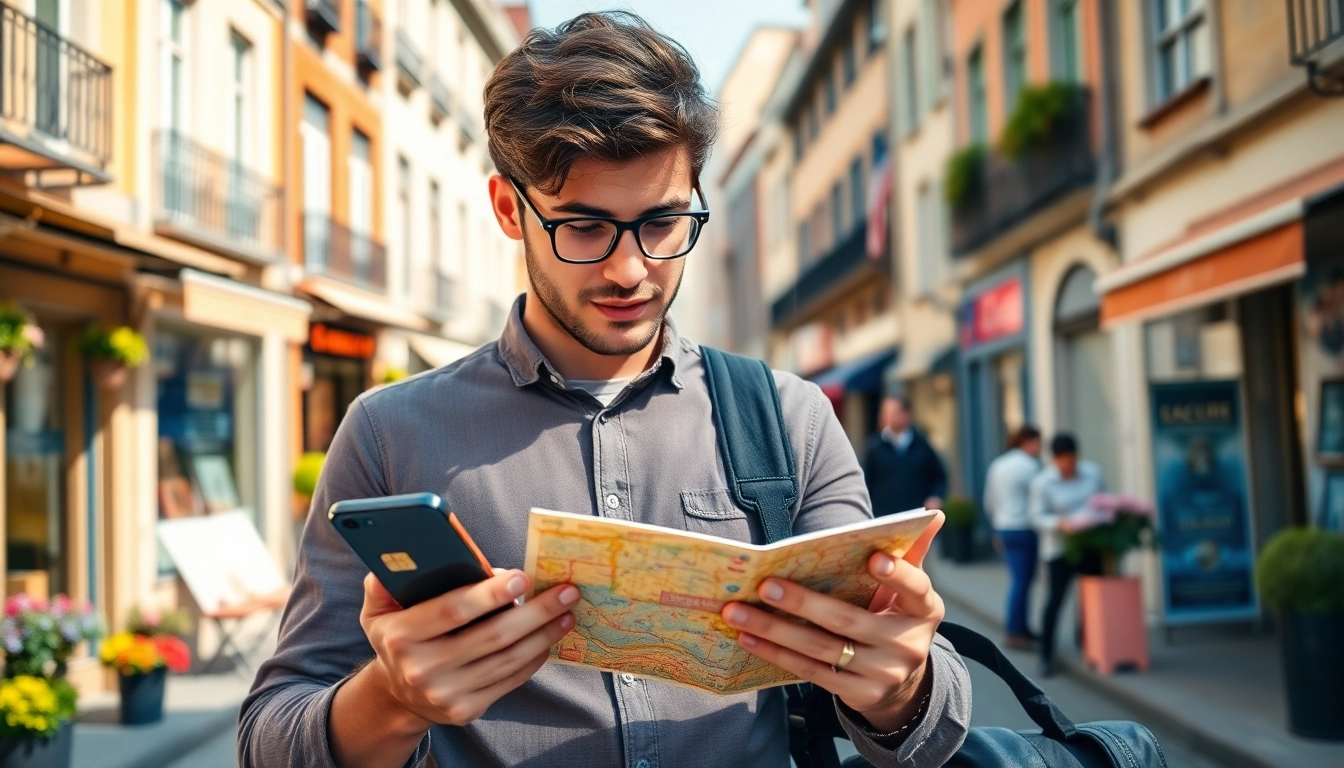 Engaged user managing esim for Europe on a smartphone in a lively European city setting.