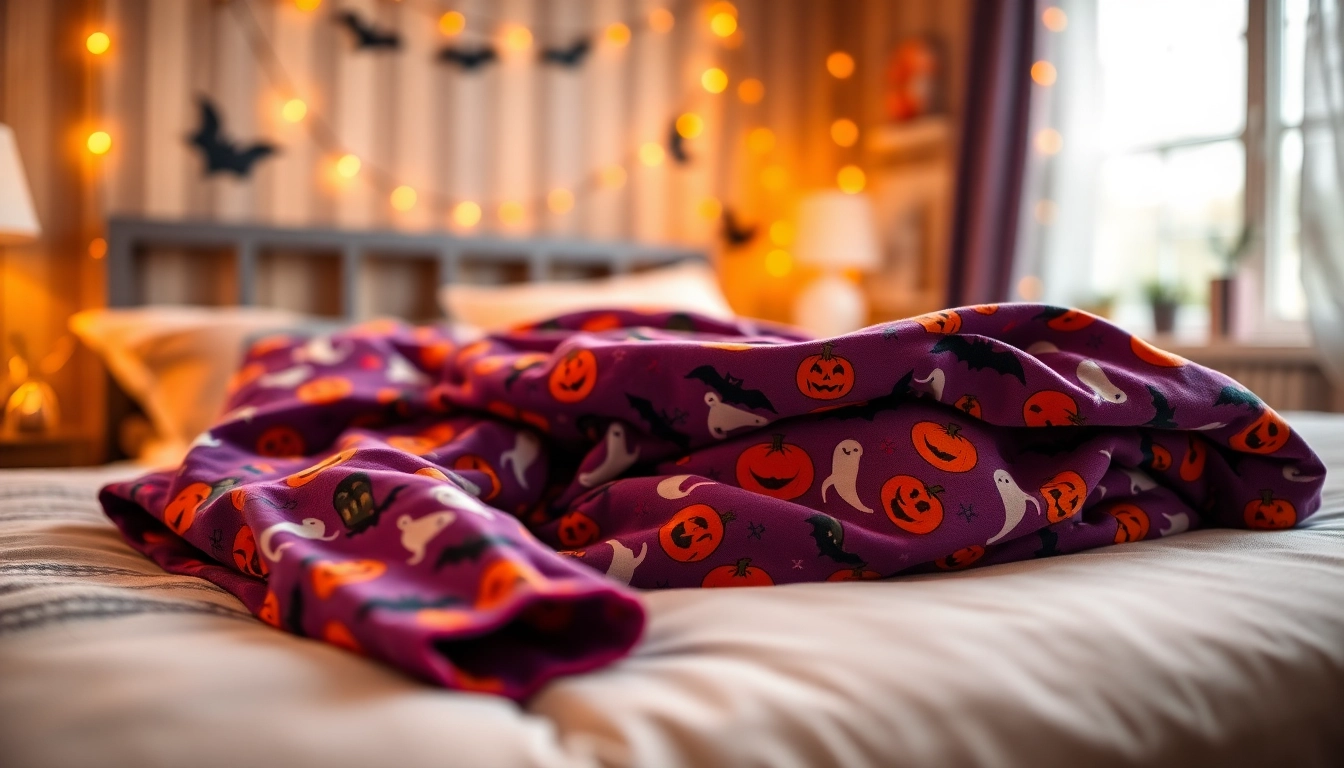 Showcasing adorable Halloween pajamas with playful designs on a cozy bed setting.