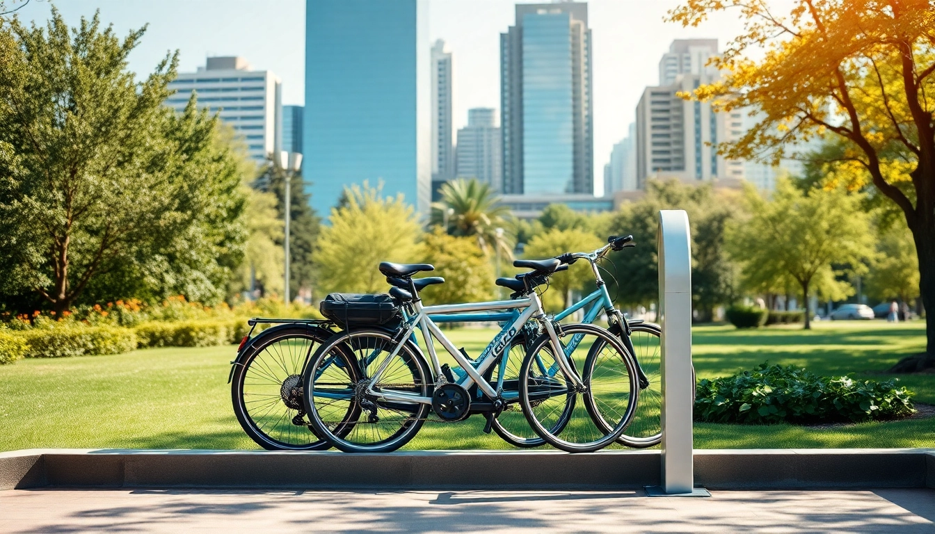 Modern bike rack in a serene park showcases stylish design and functionality.