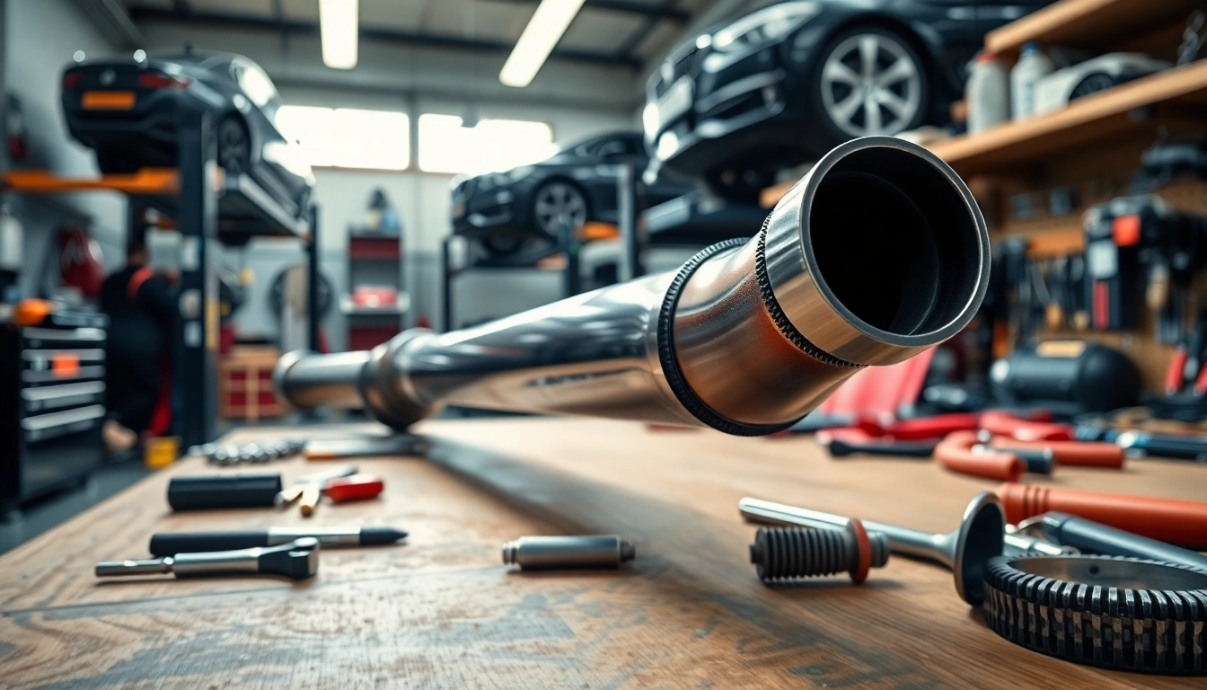 Inspect an n55 catless downpipe next to tools in a professional automotive workshop.