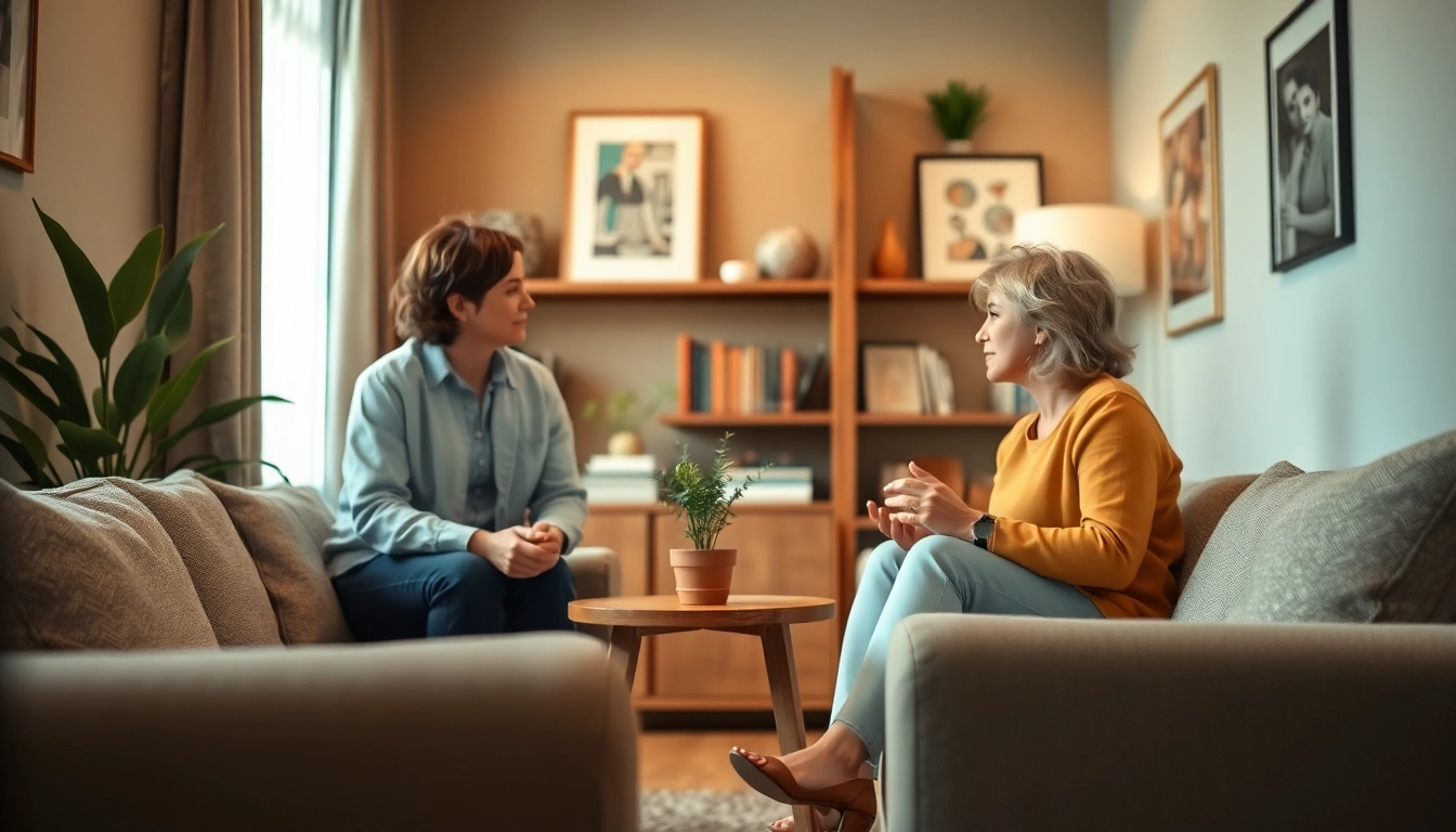 Engaged counselling session showcasing a therapist and client in a cozy setting.