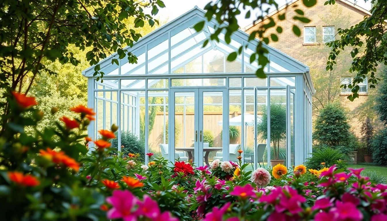 Explore a sunroom greenhouse kit in a vibrant garden, showcasing its spacious and luminous design.