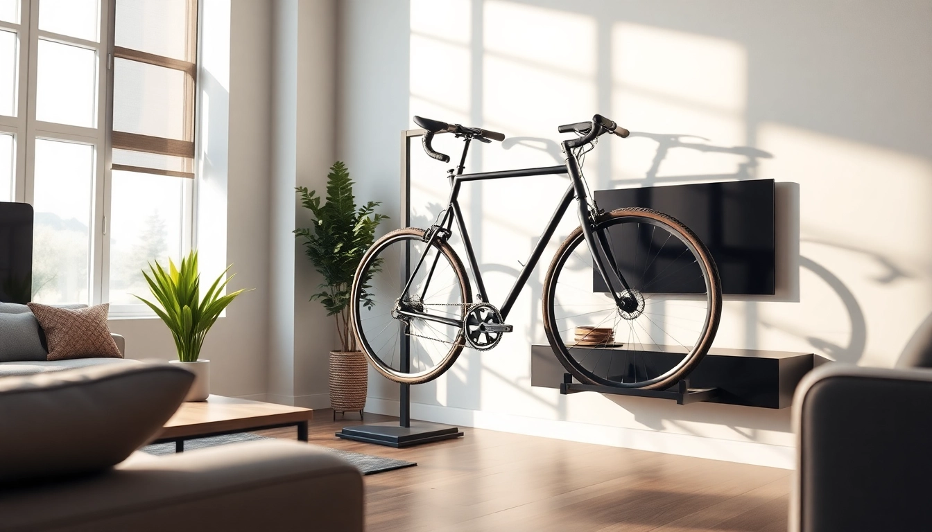 Showcase stylish bike rack mounted in a modern living room, beautifully integrating design and functionality.
