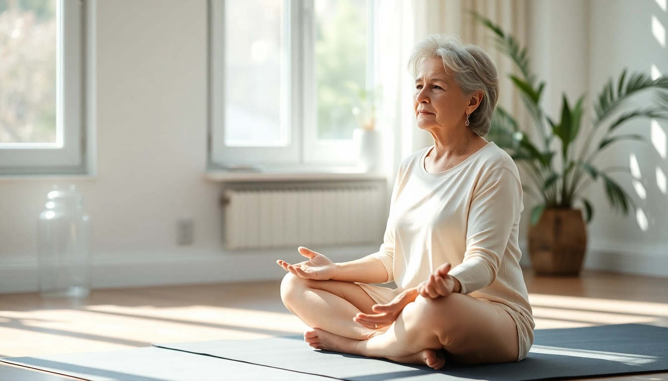 Practicing relaxation techniques for dealing with anxiety in a serene indoor setting.