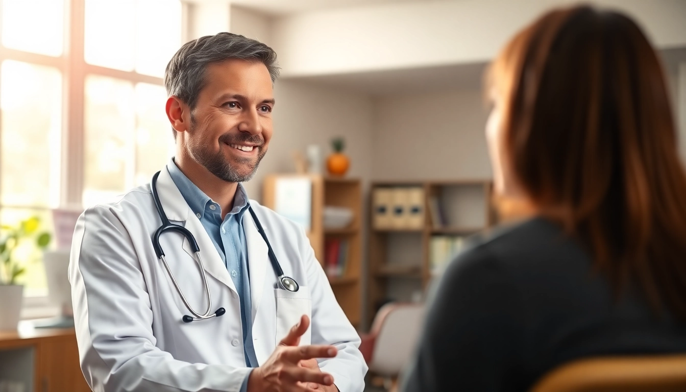 Dr. Parker consulting with a patient in a warm and friendly medical setting.