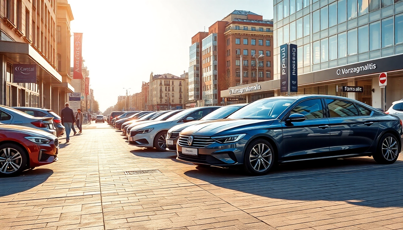 Skup samochodów Warszawa: Dynamic car dealership in Warsaw's lively streets showcasing modern vehicles.