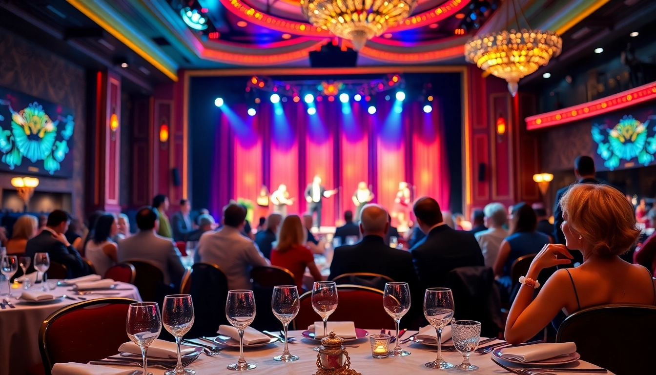 Experience the excitement of a Las Vegas dinner theater with guests enjoying a live performance.